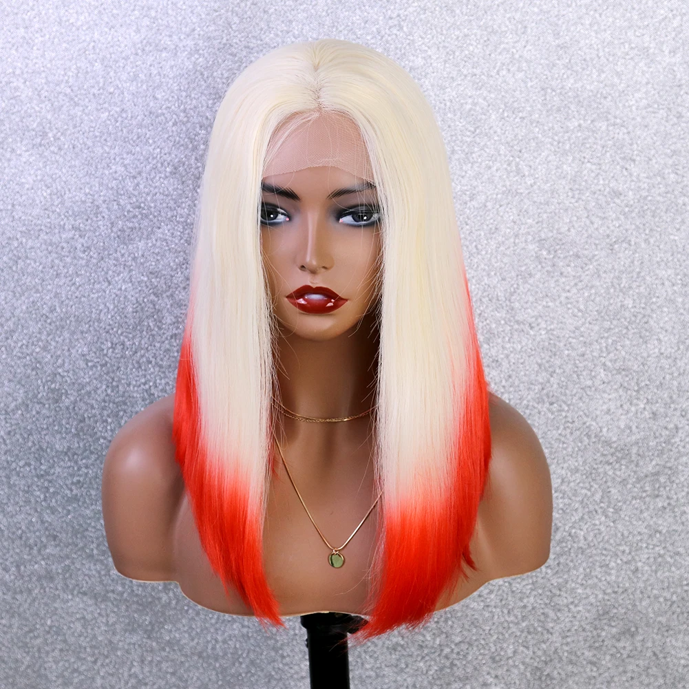 
613 Blonde Ombre Red Bob Lace Wig High Quality Straight Hair Colorful Synthetic Lace Wig Halloween Wig for Women 
