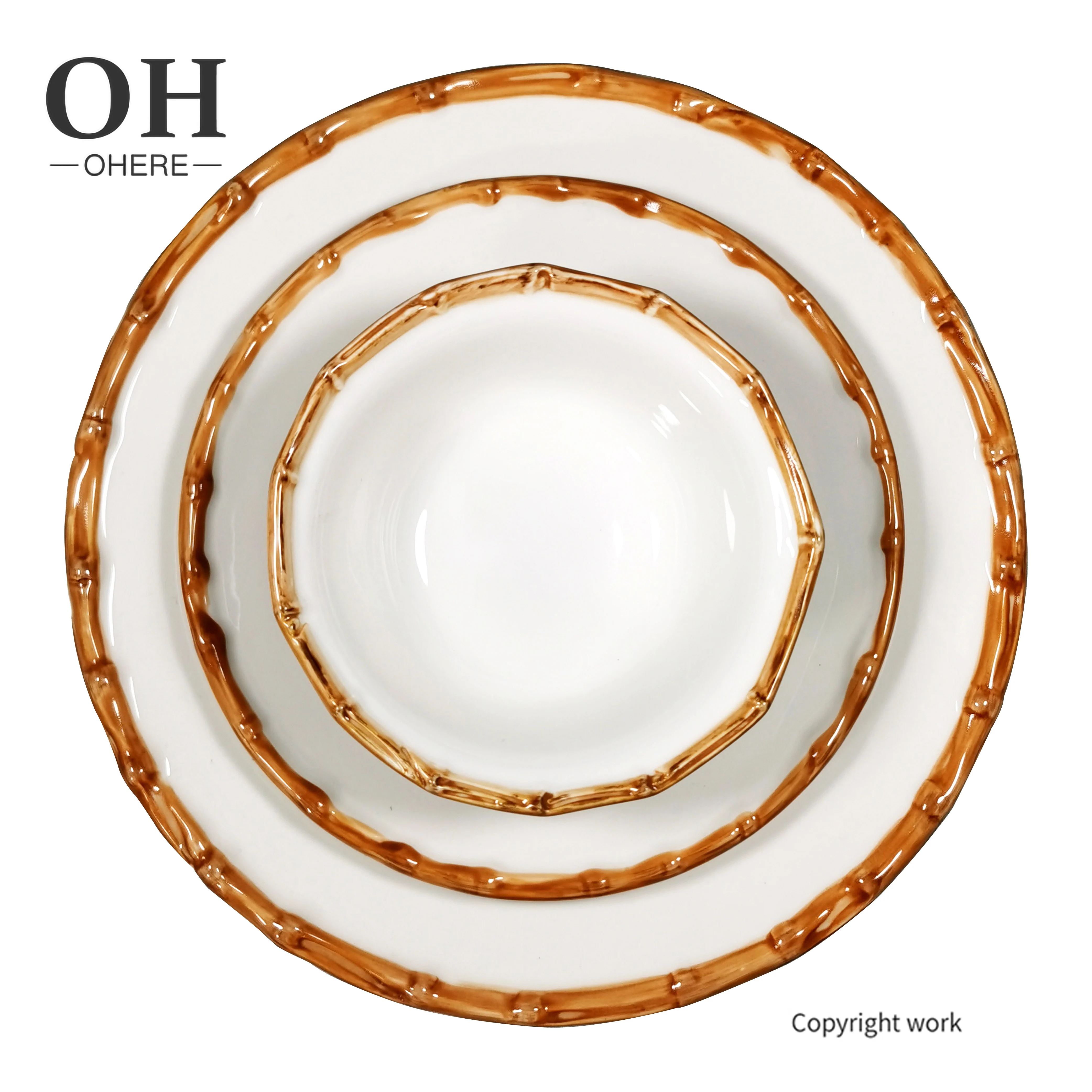 Hot sale White Bamboo edge relief Plate and Bowl Porcelain Dinner Set Wedding&Event Rental Dishes 10.5inch steak dinner plate