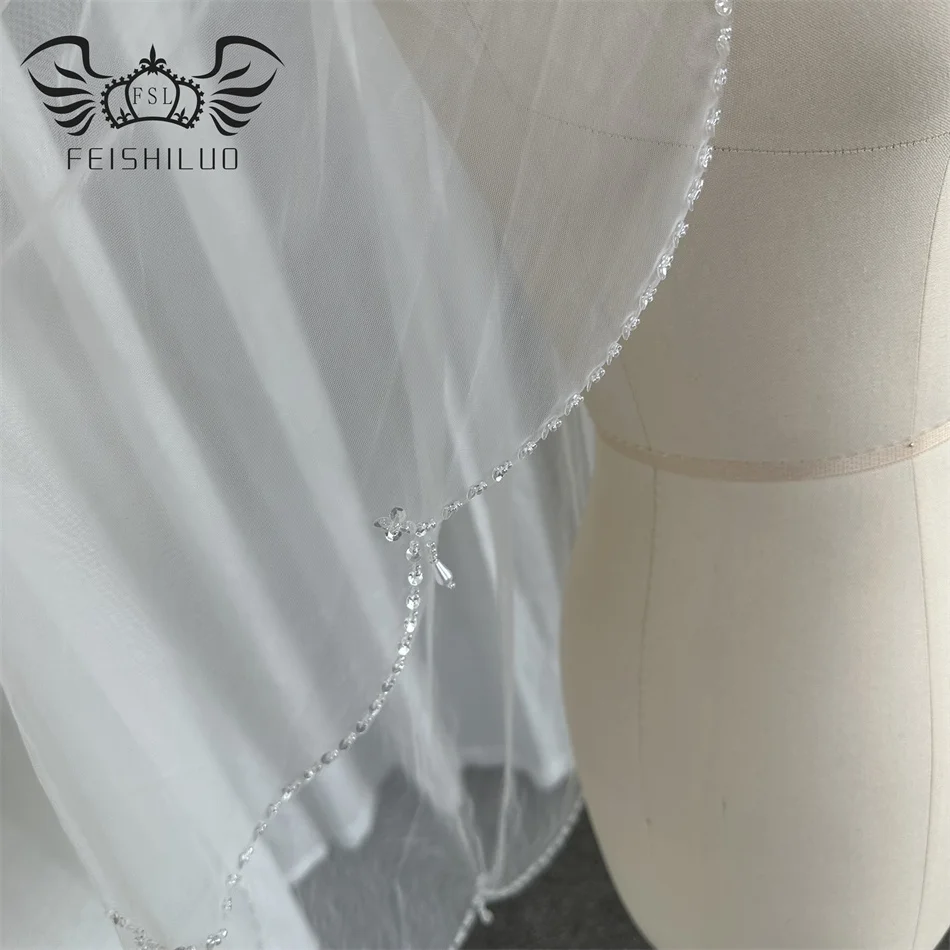 Feishiluo Wholesale  Luxury Short Crystal  Bead  Edge Wedding Veils One Layer   Pear Bridal Veil For Women Veil  With Comb