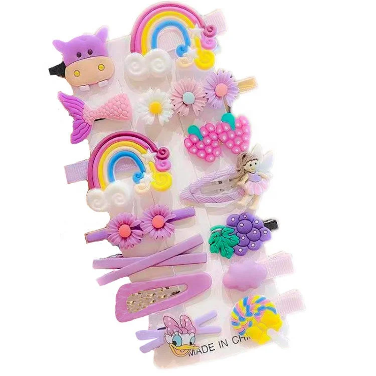 14 Pieces/Set Of Sweet Children Cartoon Hair Clips Rainbow Cloud Lollipop Flower Heart Shaped Hair Clip Set