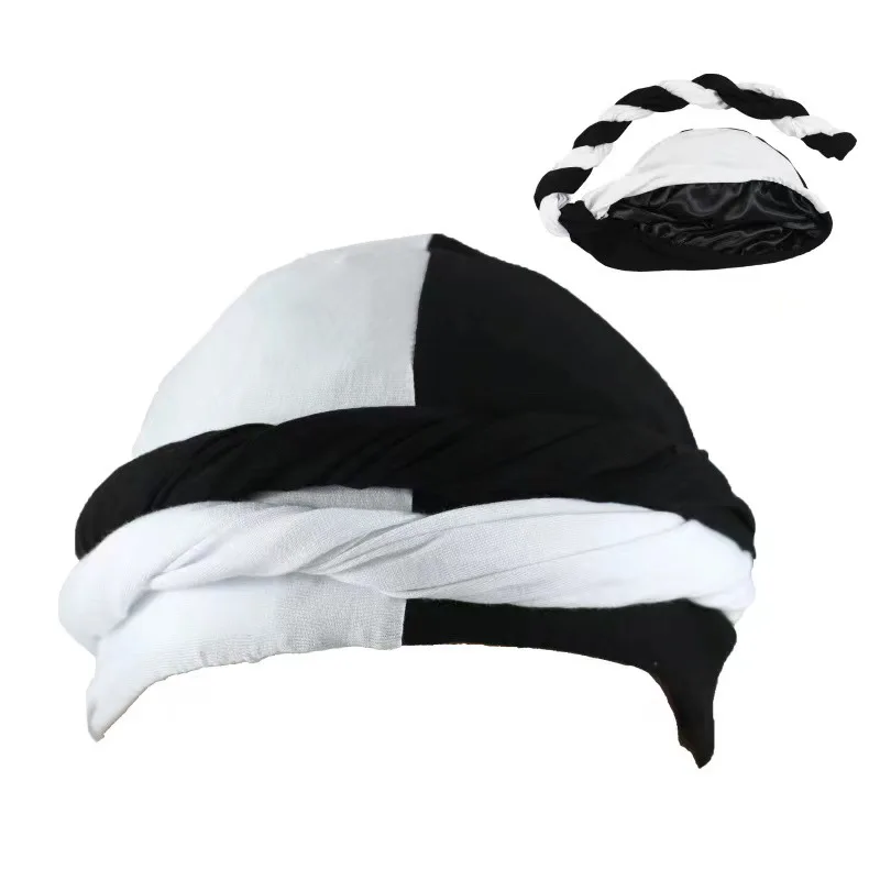 Color Block Contrast Skull Wave Cap Pre-Tied Halo Twisted Men Turban Durag Head Wrap Hat With Satin Lining
