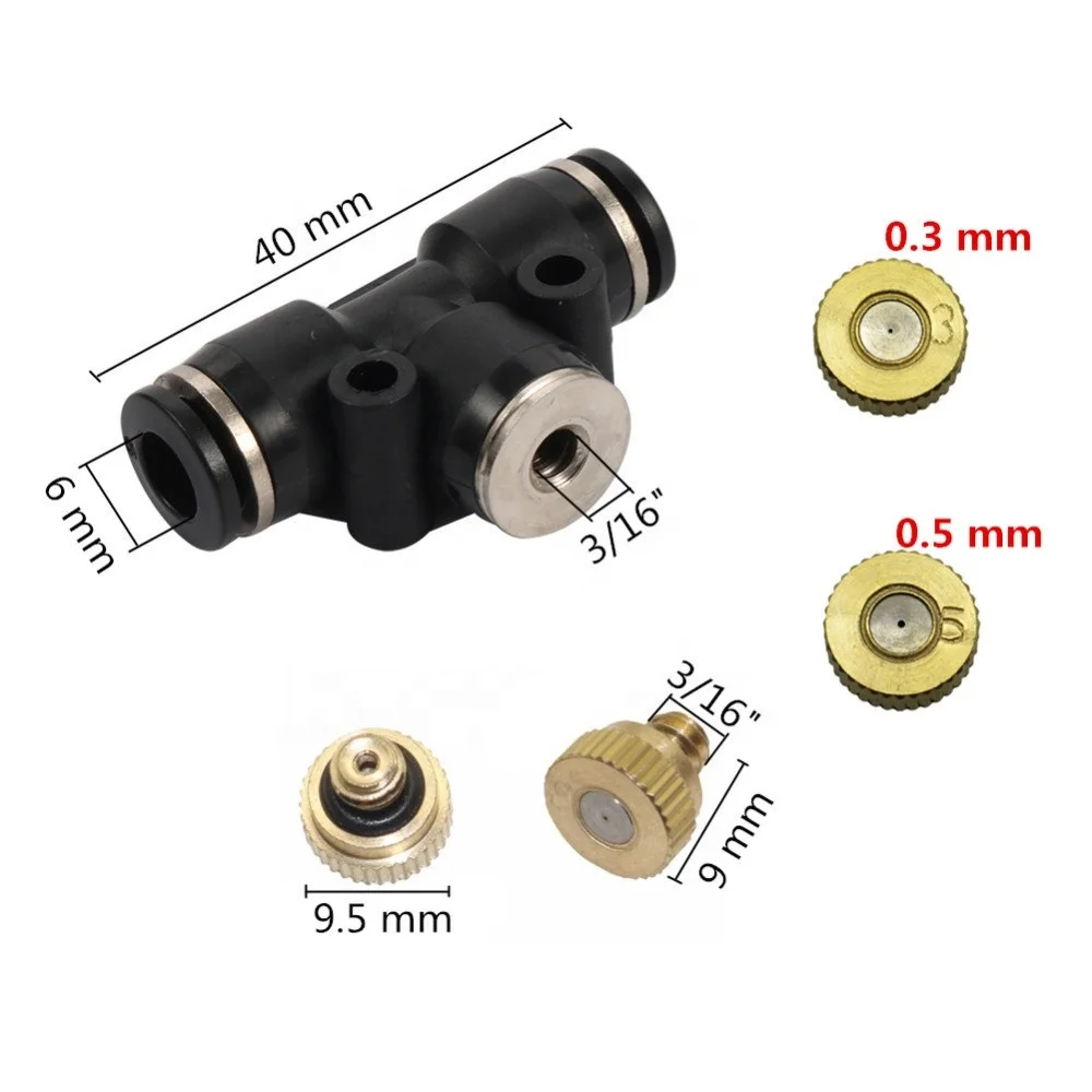 Low pressure Brass 0.2~0.5mm 3/16 inch Thread Misting Nozzle Cooling 6mm Slip Lock Tee Disinfection Irrigation Sprayer