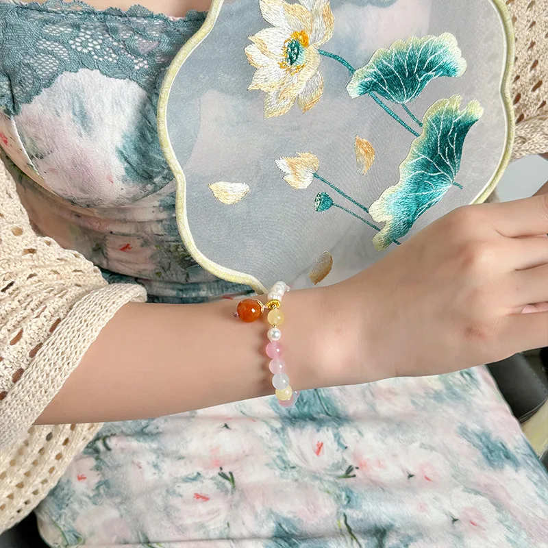 High Quality  Pink Beryl Natural Morganite Stone Bracelet Pearl Bangles For Women Men