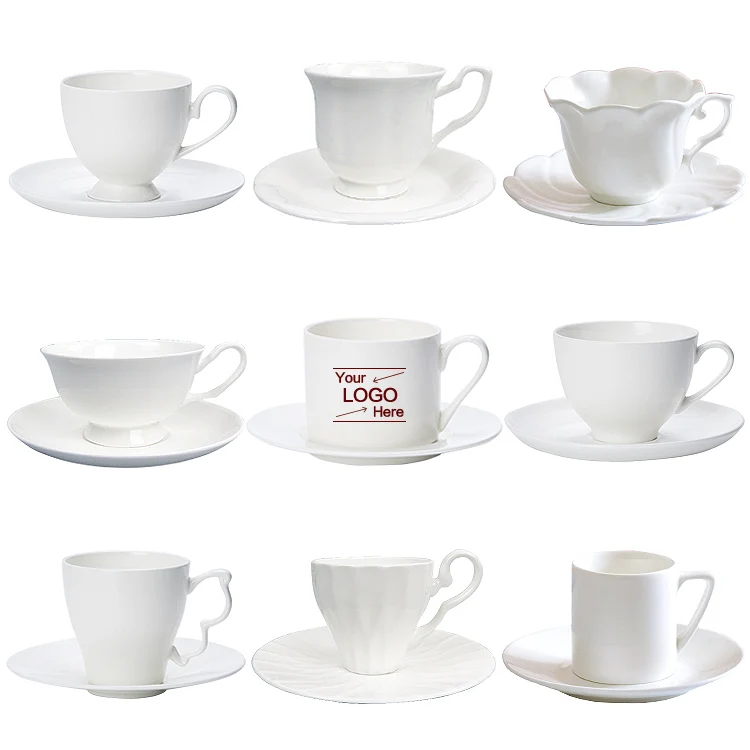 Custom Decal Printing cups simple white blank Ceramic Bone China coffee tea cup and Saucer set