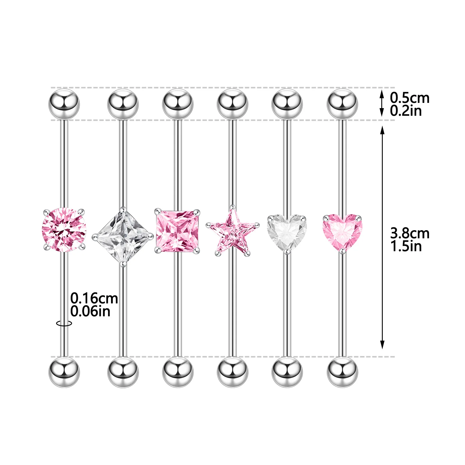 YICAI Simple Surgical Steel Barbell Heart Star Square Zircon Pink White CZ 38mm Ear Industrial Piercing