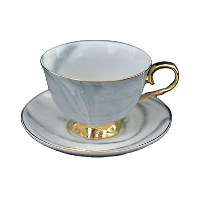 Marble Durable Porcelain  Golden Handle Ceramic Coffee Tea Cup and Saucer Set