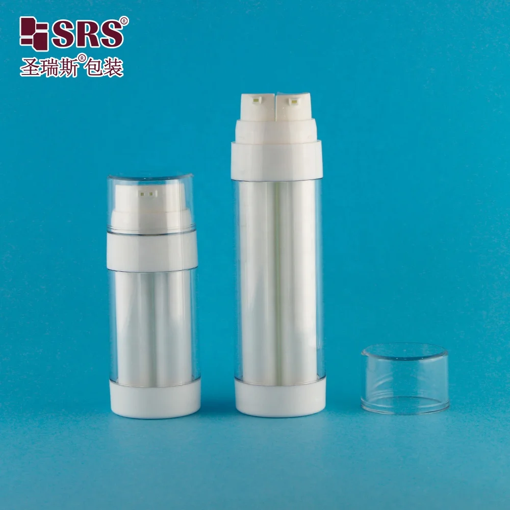 A0233 Empty Clear Airless Bottle 50ml White Container with Vacuum Pump Double Chamber 2 Separate Nozzles/Mono Nozzle For Mixing