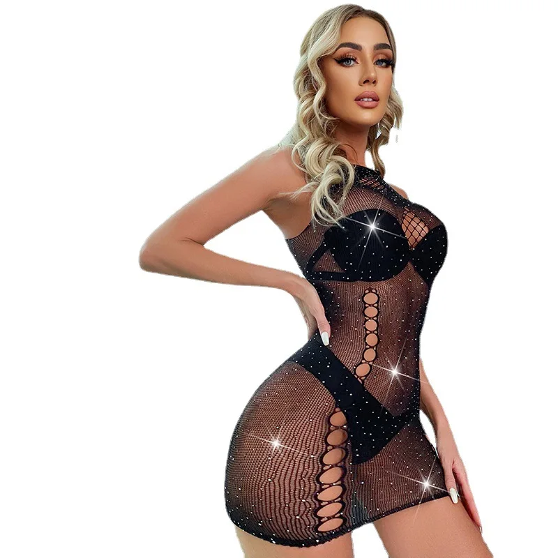 Ins seduction hot girls short mini skirt beautiful nighties women soft tight crystal dresses body stocking with rhinestone