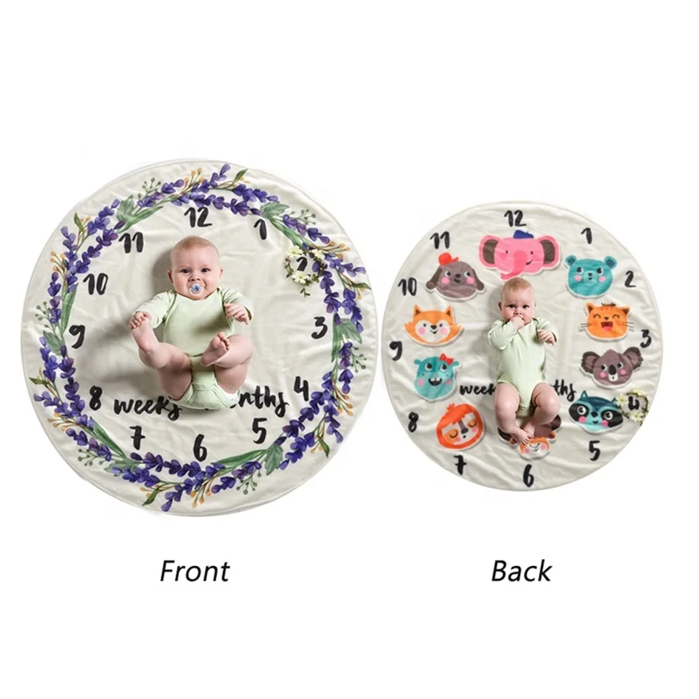 Factory custom thick fleece double side print reversible round shape baby weekly milestone blanket