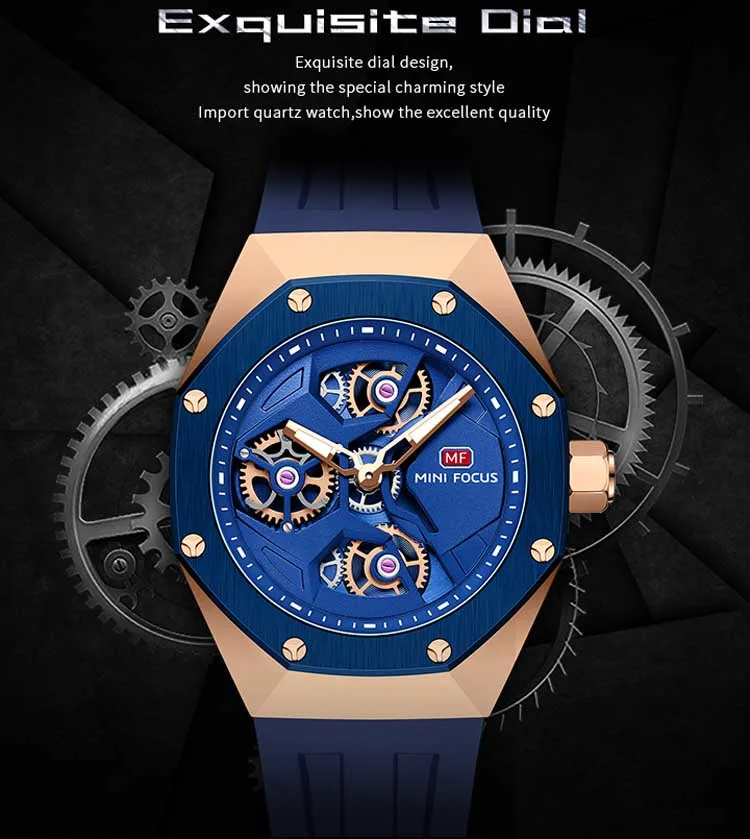 Mini Focus MF0422G Wholesale Blue Gents Quartz Watch Stylish Silicone Band Water Proof Skeleton Vintage Casual Wrist Watch