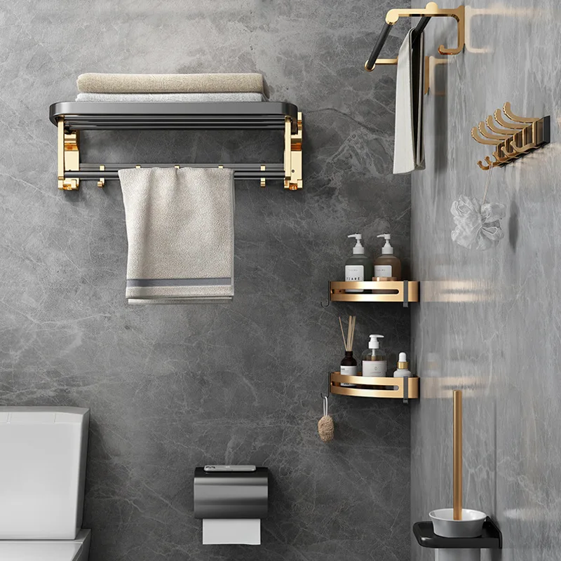 Aluminum Folding Storage Rack Hardware Accessories Set black and gold Towel Rack Shelf bathroom shelf stainless steel