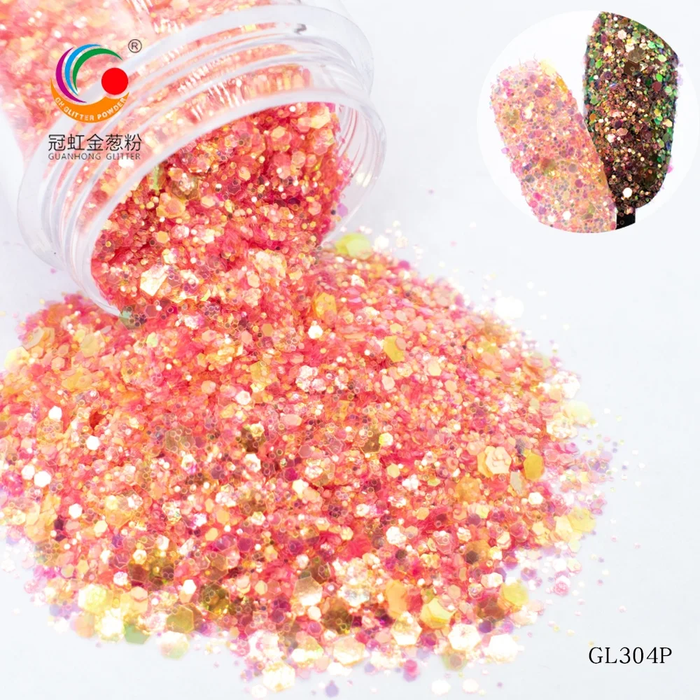 Factory Wholesale Chunky Hexagonal Iridescent Solvent Resistance Mix Glitter Makeup Powder For Nail Art DIY Christmas Crafts