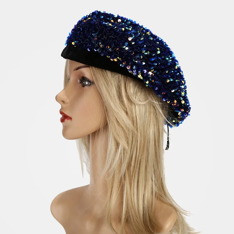Women Beret Hat Glitter Sequins French Style Beanie Cap Adjustable Fashion Shimmer Hat for Girls Ladies