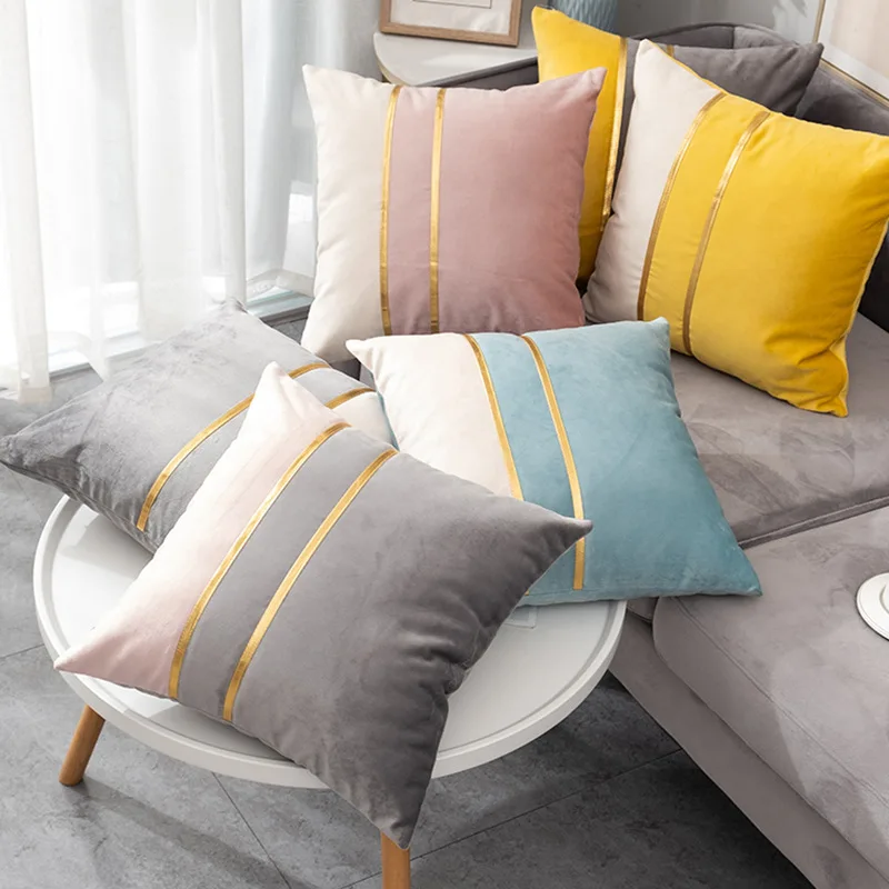 Luxury Velvet Cushion Case with Leather Striped Patchwork Modern Throw Pillow Cover Decorative Pillow for Couch Living Room
