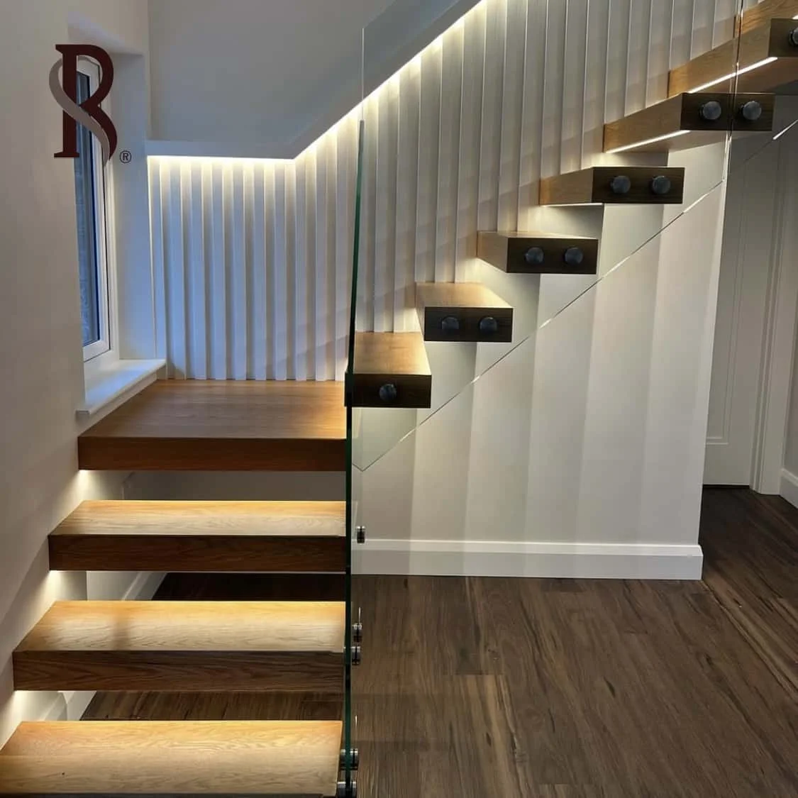 Rising OEM Factory Custom Design Stainless Steel Straight Stairs Spiral Interior Staircase With Wood Tread and Glass Railing