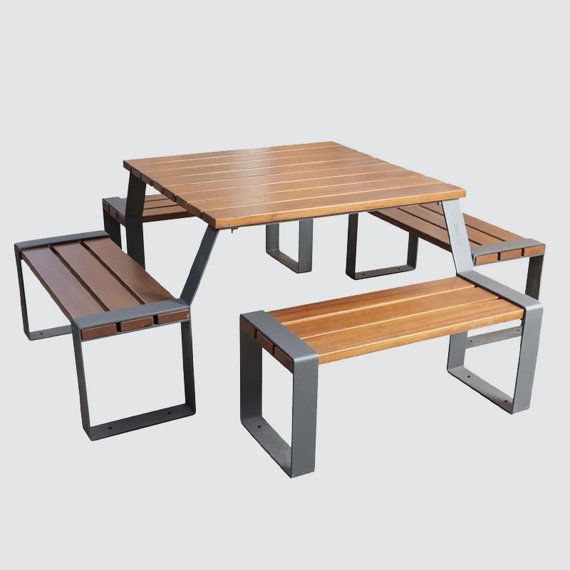 Heavy Duty Commercial Outdoor 4 Seat Picnic Table Outside Garden square Metal and Wood Out Door Dining Table with Bench