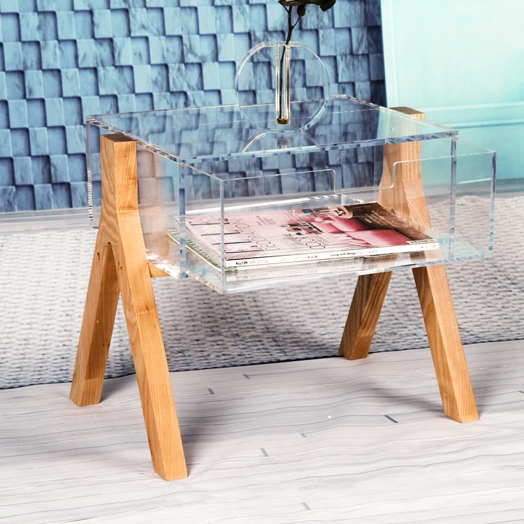 Wood Legs lucite chic design acrylic modern side table with drawer