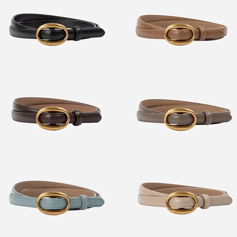 Stylish Versatile Oval Metal Buckle Leather 1.4cm Jeans Waist Belt for Dress and Daily Wearing