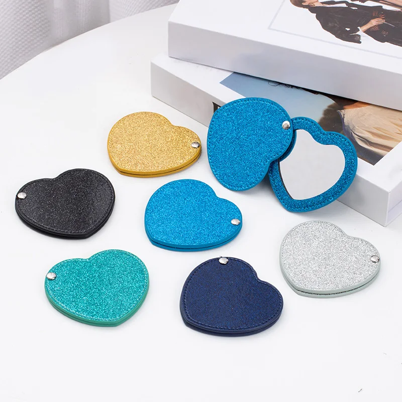 Custom Logo Heart Shape Keychain Mirror with Pu Leather Portable Cute Small Compact Vanity Cosmetic Mirror for Travel