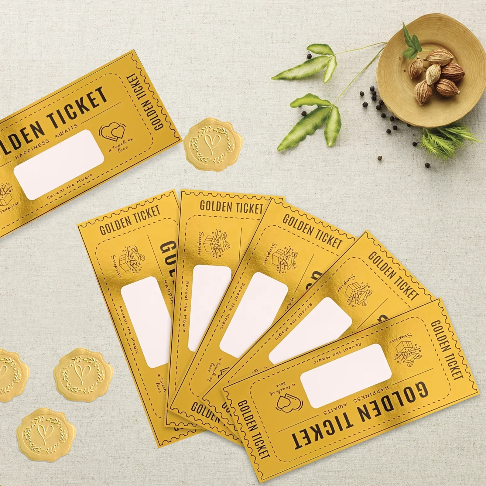 5pcs Gold Scratch Label Golden Card Ticket Lottery Voucher Paper Scratch Off Card with Envelopes