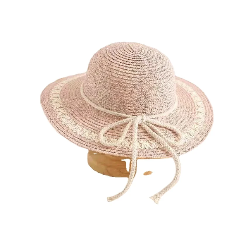 High Quality Rope Ties Dome Kids Baby Floppy Straw Hat  Sombrero de paja flexible para baby  corbatas de cuerda de alta calida