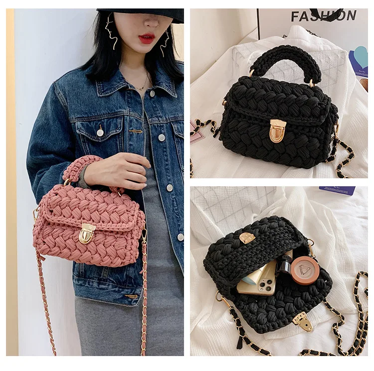 2023 New Trendy Ladies Handbags Woven Chunky Knit Purse Diy Crochet Bags Handmade Handbag Women
