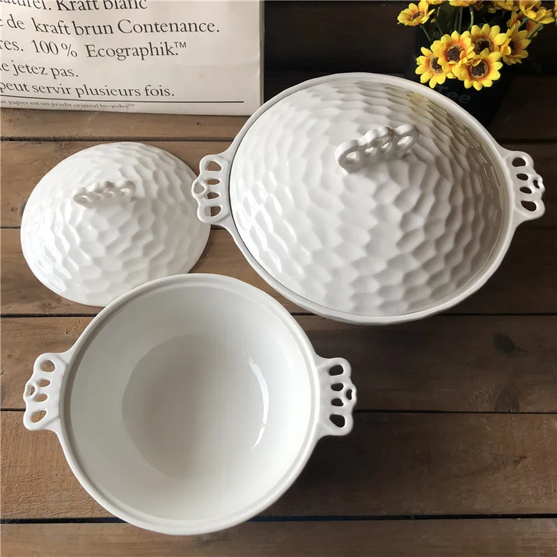 latest design ceramic embossed soup tureen bowls with two handle
