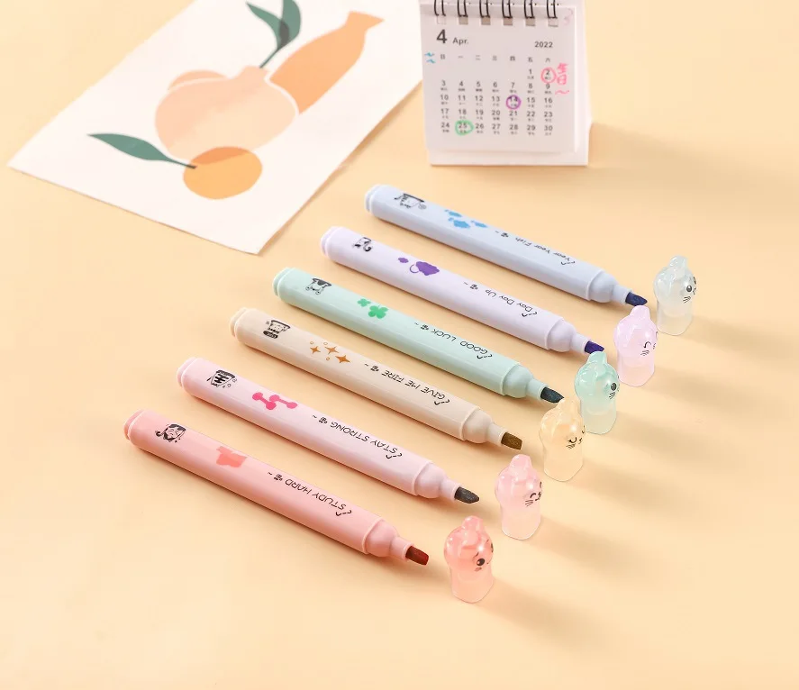 Cute Cat Highlighter Creative Milk Tea Color Student Stationery Accent Marking Hand Account Pen Set