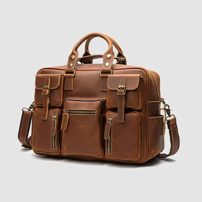 2024 New 18 Inch Vintage Handmade Office Laptop Briefcase Crossbody Bags Mens Satchel Genuine Leather Messenger Bag Men