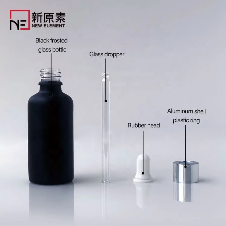 frosted black cosmetic 5ml 10ml 15ml 20ml 30ml 50ml 100ml oil glass dropper bottle for hair products with silver white dropper
