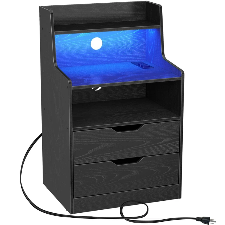 Bedroom Sofa Side End Table Nachtkastje LED Lights Bedside Storage Drawer Nightstand Comodini with Charging Station and USB Port