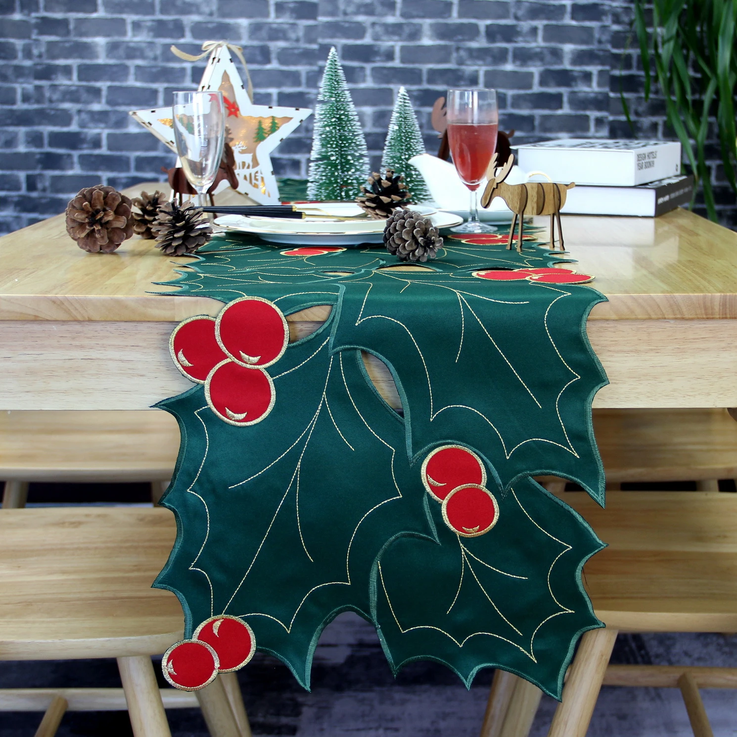 dinning polyester GREEN  CUT WORK  Embroidered dusty blue Christmas table runner