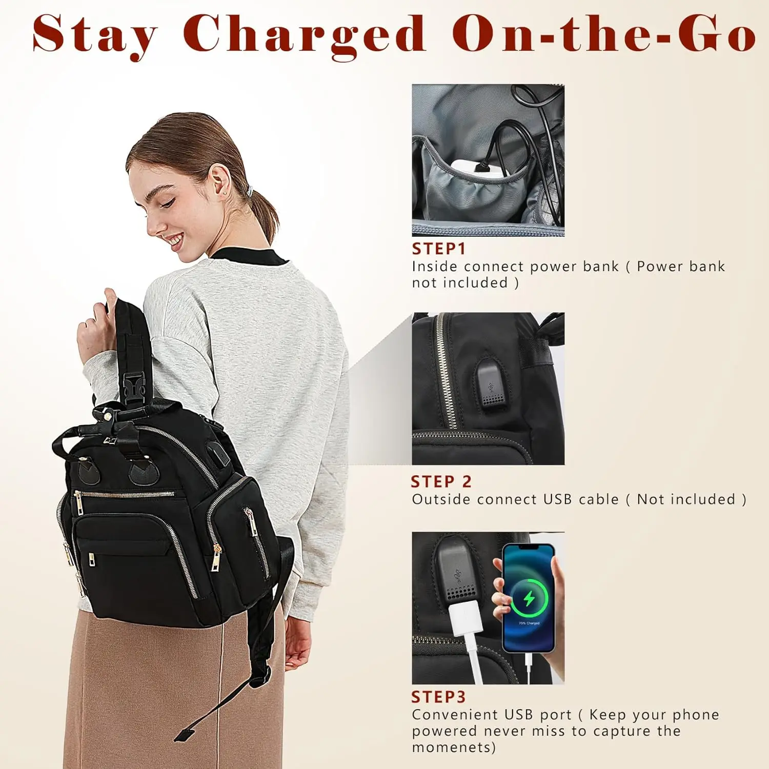 Mini Cute Mommy Travel Bag with USB Charging Port Wet Dry Bag Stroller Clips Insulated Pockets Small Baby Nappy Diaper Backpack