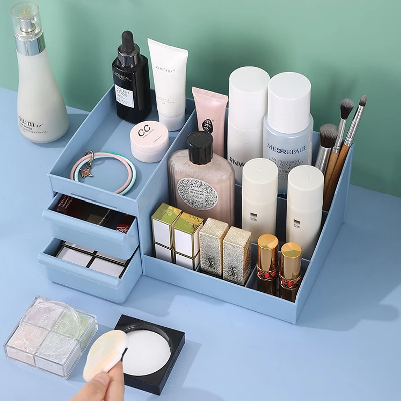 Desk Top Organizer Multipurpose Plastic Storage Box with 2 Drawes for Makeup Cosmetics Sundries Stationeries Office Supplies