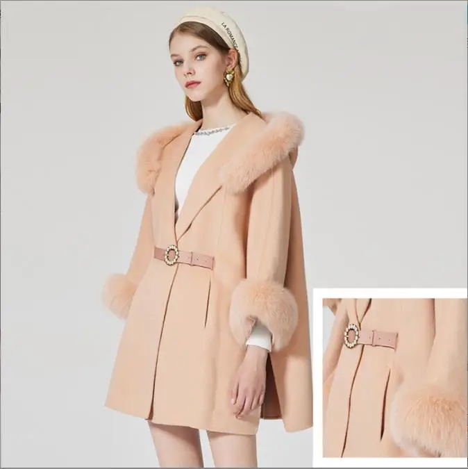 Custom Wool Fleece Oversize Belt Style Cashmere Wool Coat Detachable Fox Fur Collar Wool Coat Women Winter Women Coat with Fur