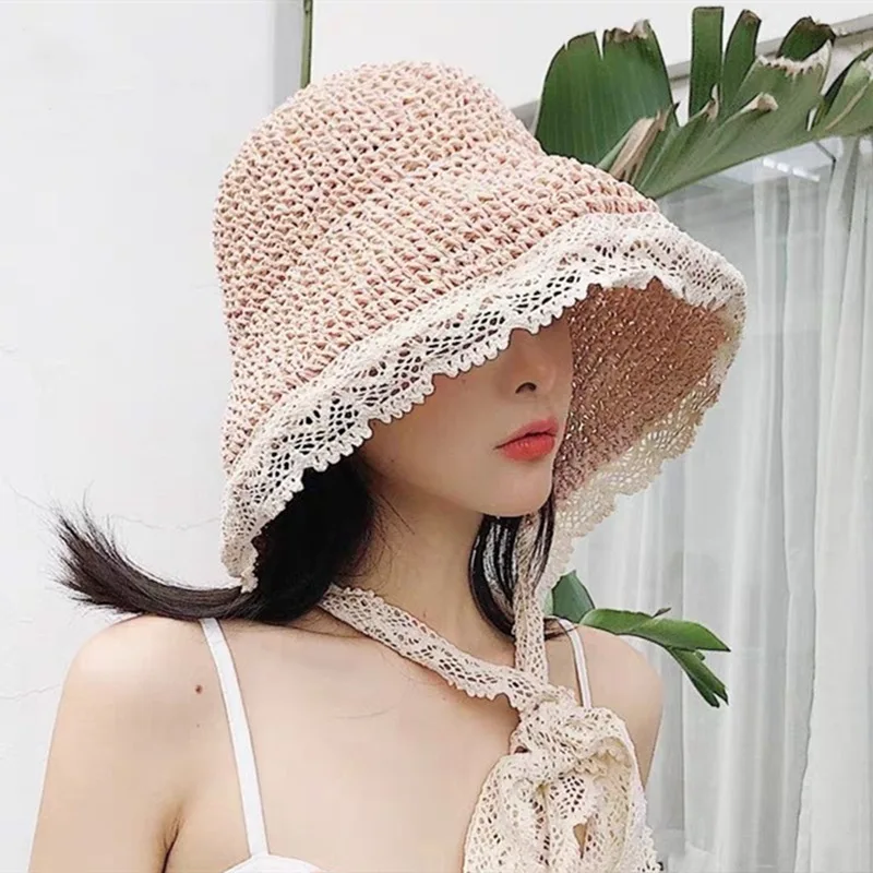 Wholesale Foldable Wide Brim Paper Straw Cloche Beach Sun Hat Cute Summer Hat with for Women Vacation sun protection hat