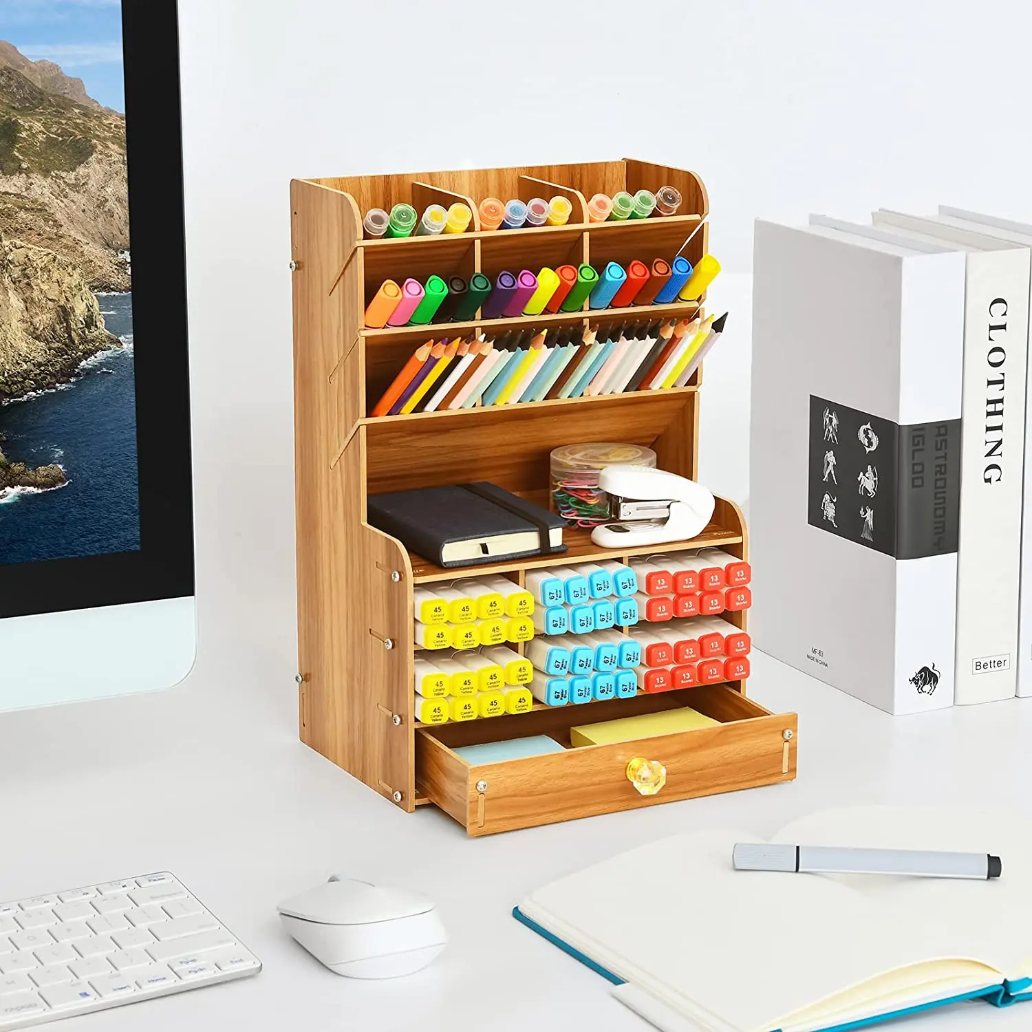 Wooden Pencil Holder, Pen Organizer for Desk with 15 Compartments + Drawer, Desktop Stationary Storage Organizer Caddy