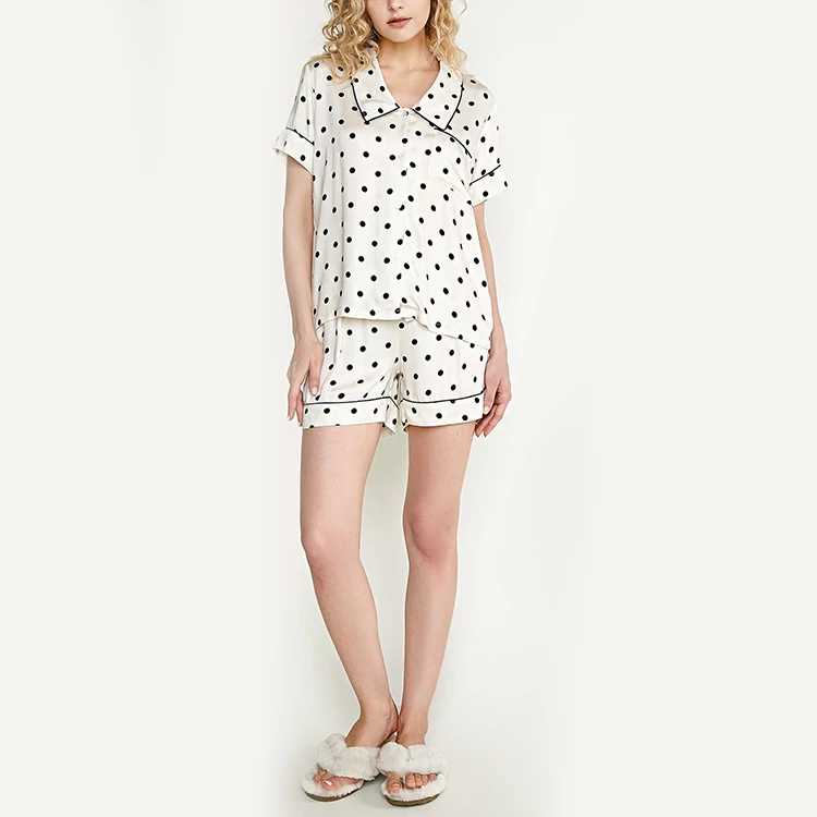Best Seller Cute Satin Contrast Piping Nightwear Sleepwear Women Ivory Polka Dot Button-Up Shirt & Shorts Two-Piece Pajama Set