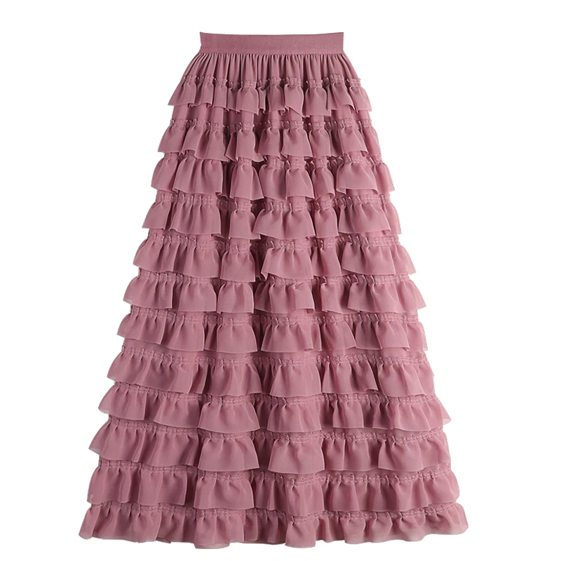 New Design Women Tiered Long Maxi Skirts Multi-layer Chiffon Patchwork Cake Pleated High Waist Skirt Slim Princess Fairy Skirts