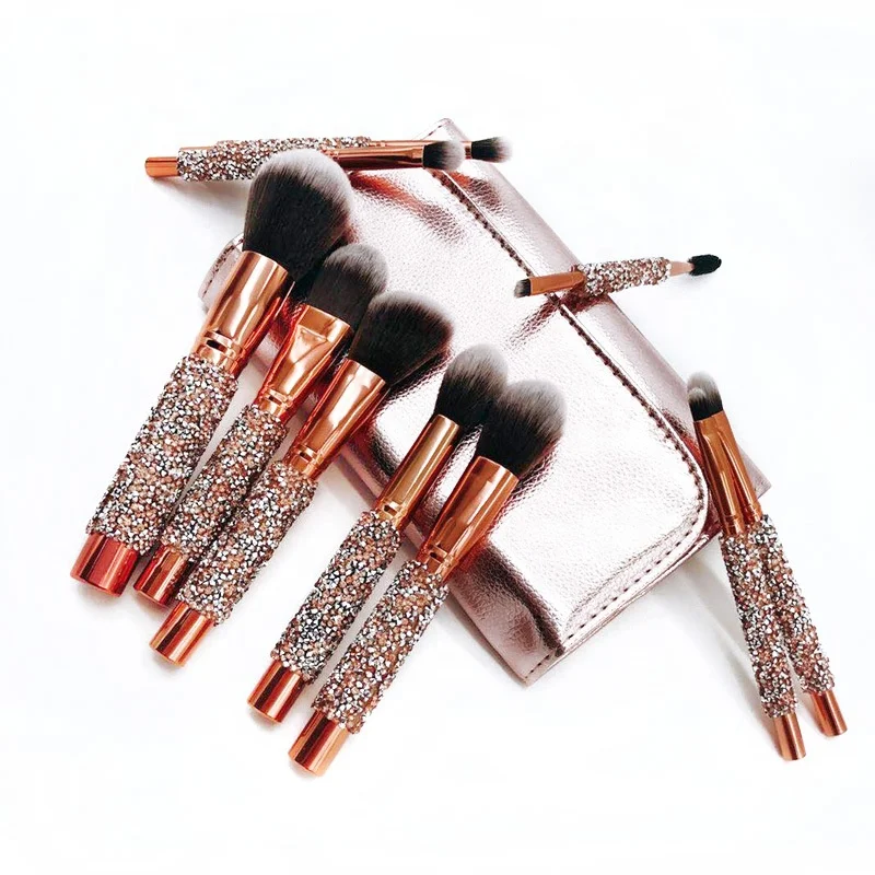 
jewel rose gold face hair piece magnet beauty glam 12pcs sparkling brass ferrule handle wholesale synthetic crystal makeup brush 