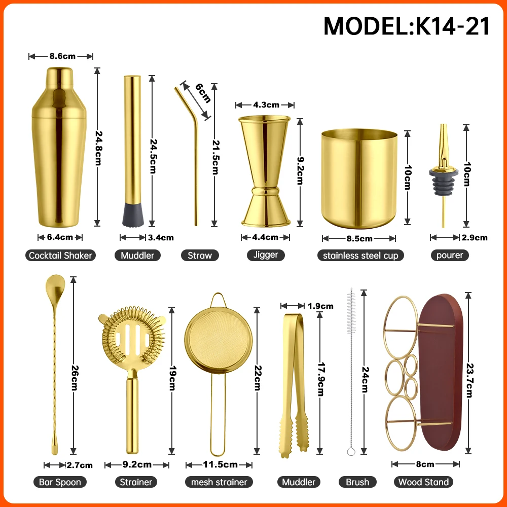 Creation 2023 New Design Manufacturer Bartender Kit Stainless Steel Gold Cocktail Shaker Set with Stand