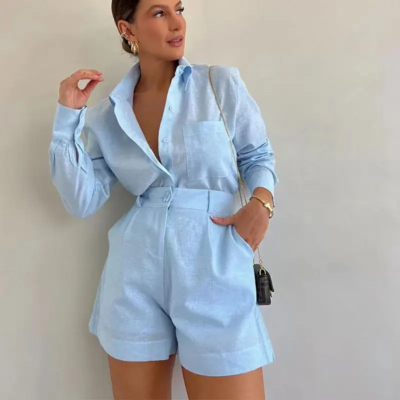 Women Two Piece Outfits Casual Solid Blouse Shorts Set Button Up Jacket and Short Suit Sets Summer Formal
