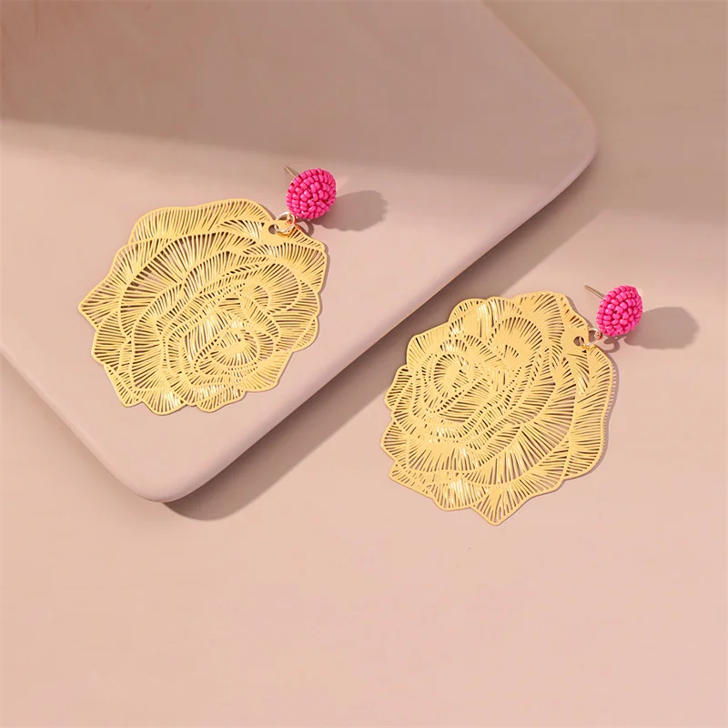 Fashion Carved Peony Flower 18K Gold Plated Big Dangle Earrings Personality Jewelry Statement Drop Earrings