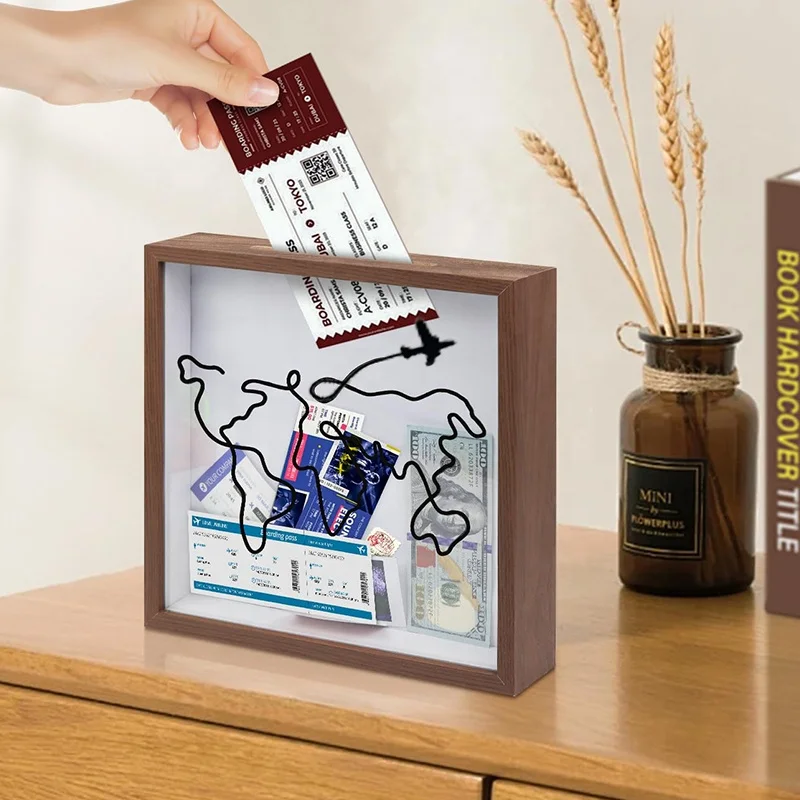 Adventure Archive BoxTravel Shadow Box with Slot, Loading Tickets Display Case Memories Travel Box Frame for Keepsake,