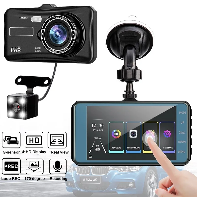HD 1080P Night Vision Front and Rear two way DVR Recorder 4.0 inch IPS Dash Cam Touch Screen dash camera for car