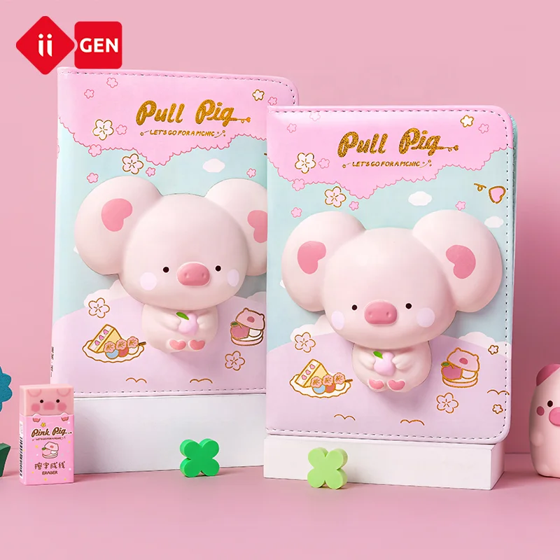 IIGEN kawaii and cute hardcover squishy animal design notebook pink for children diary planner wholesale  cute pu cover notebook