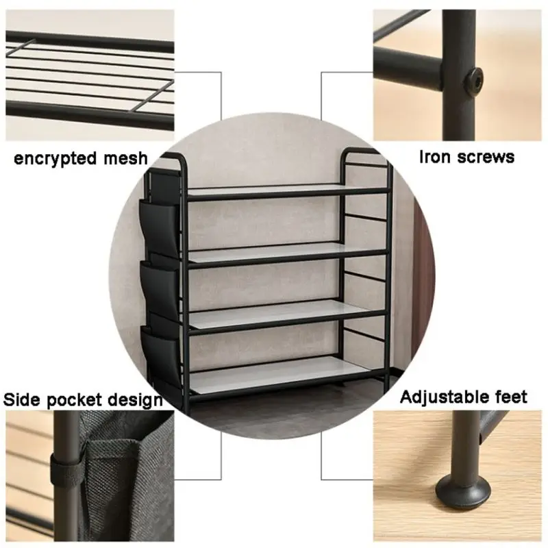 Entryway Storage Shelf Shoes Storage Cabinet Metal 3/4 Tier Stackable Shoe Rack with Side Hanging Storage Bag