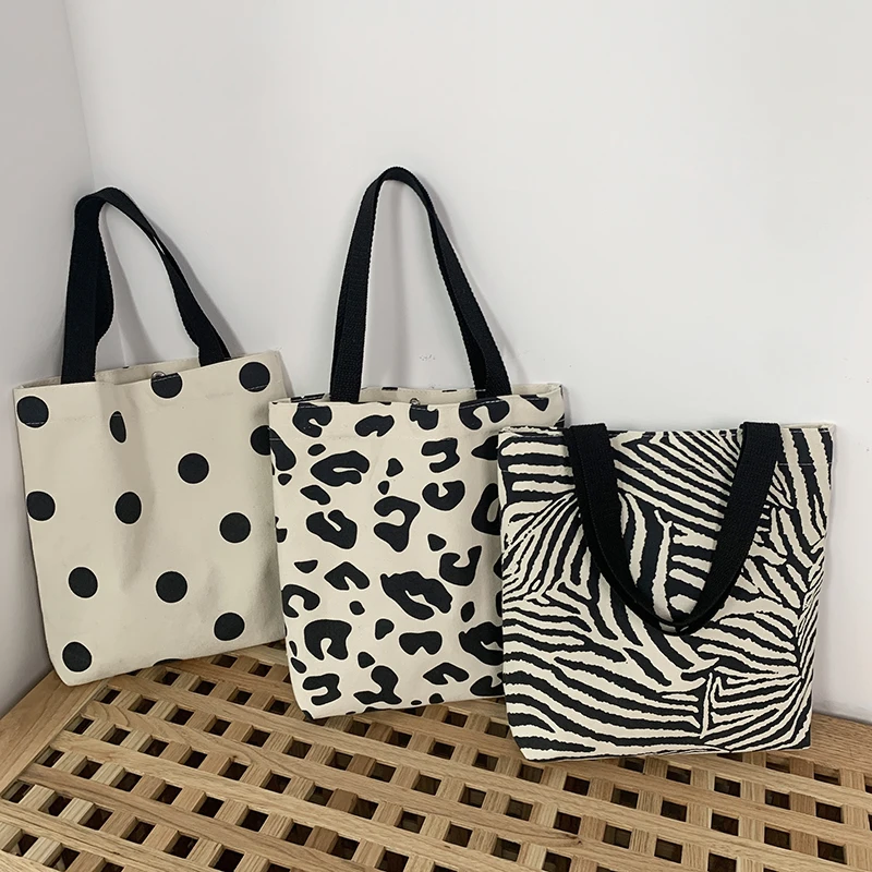 Canvas Tote Bag Ins Fashion  Casual Reusable leopard Print Female student Black Polka  Dot Shopping Cotton Canvas Bag