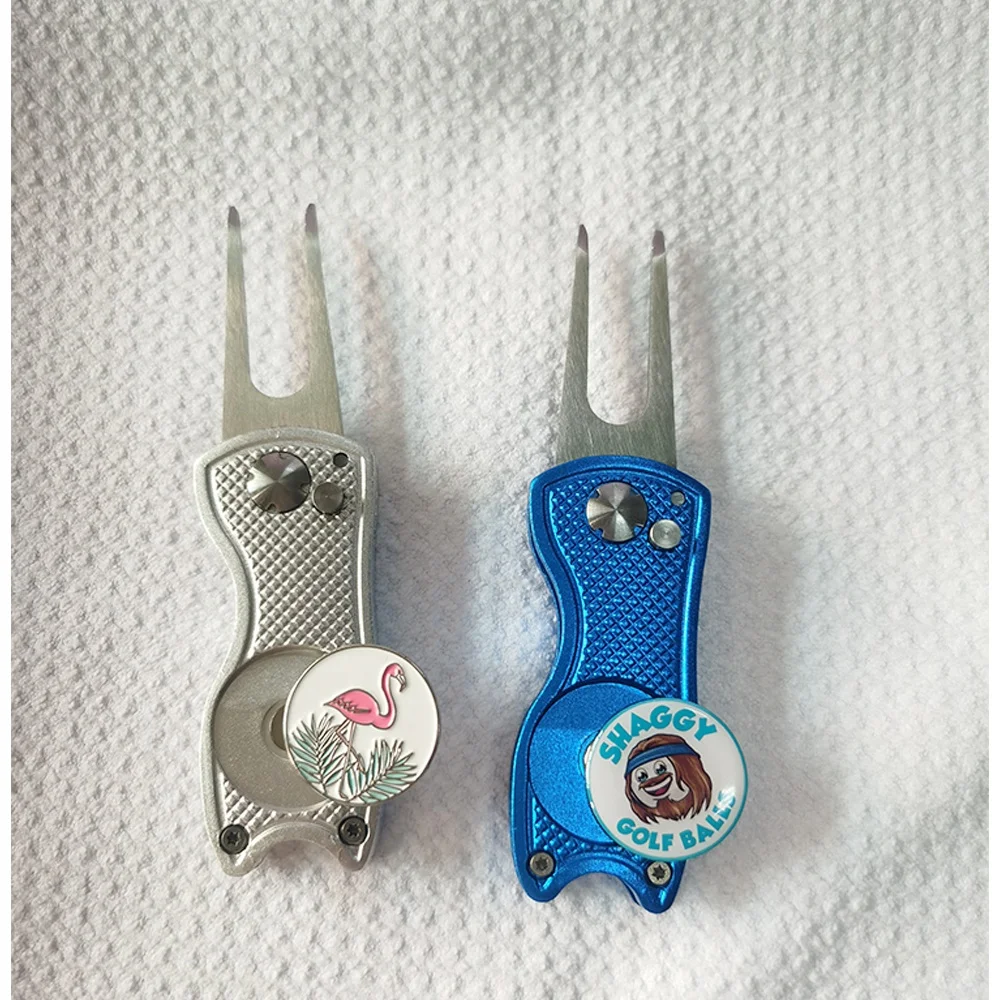 golf accessories Wholesale Metal Switchblade Foldable Pitch Fork Custom Magnetic Blank Ball Marker Golf Divot Tool