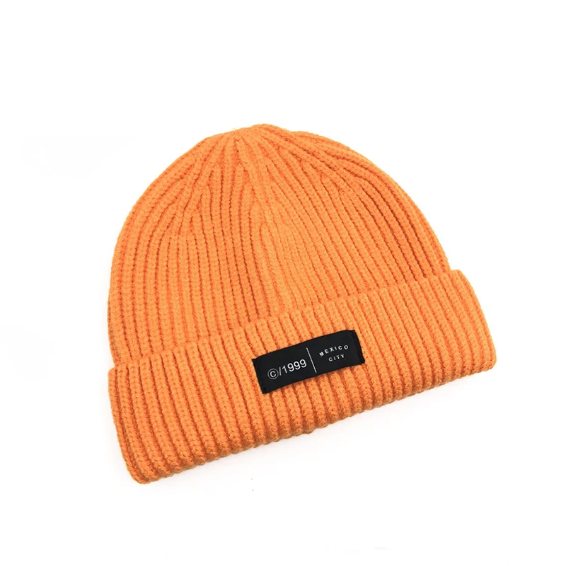 Custom Women Men Custom Woven Patch Log Winter Warm Sport knitting Hats Watch Ski Caps Acrylic Orange Black Knitted Beanie Hats